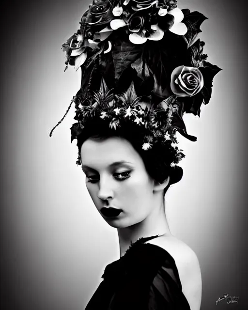 Prompt: a black and white high quality dreamy photo of a young beautiful female queen-pale dragon-vegetal-cyborg bust with a very long neck and a steampunk flower crown, elegant, highly detailed, poetic, soft, dreamy, mysterious, high fashion, in the style of Horst P. Horst, Realistic, Refined, Digital Art, Highly Detailed, Cinematic Lighting, rim light, black and white, photo-realistic, 8K