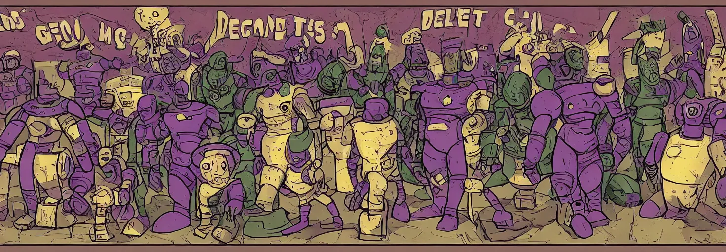 Image similar to degen golems poster, comic style