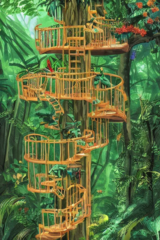 Image similar to tree house in the rainforest, spiral staircase, swings, garden, by alba ballesta gonzalez. 4 k wallpaper, digital flat 2 d, comic book, illustration, cinematic lighting, smooth sharp focus.