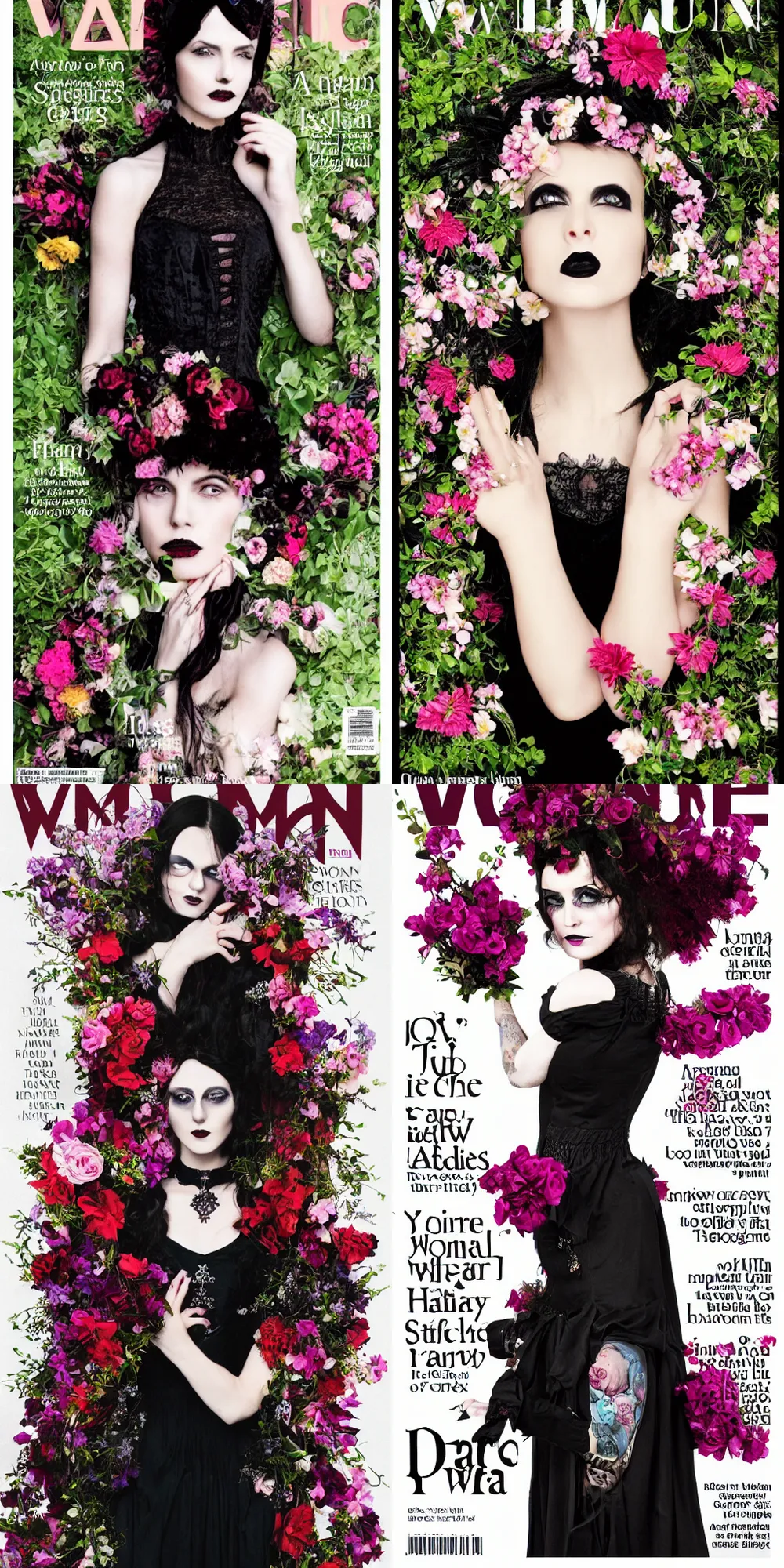 Prompt: A woman in a gothic dress, magazine cover, flowers in hair