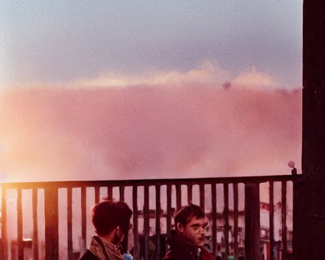 Image similar to lomo photo of pair standing on small hrushevka balcony full with cigarette smoke in small russian town looking at sunset, cinestill, bokeh