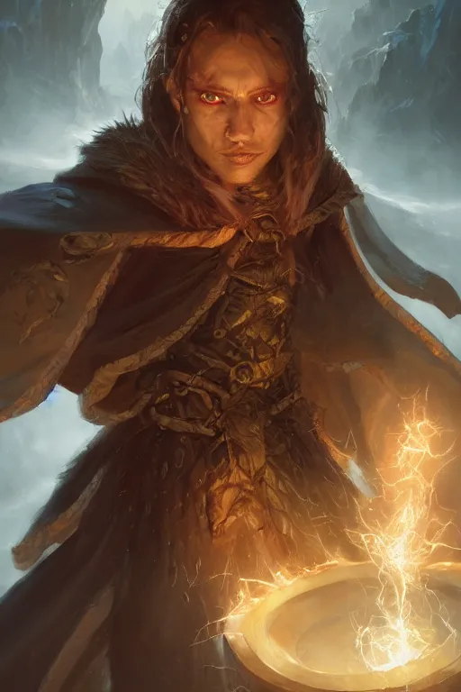 Image similar to dungeons and dragons evil sorcerer character closeup portrait, dramatic light, lake background, 2 0 0 mm focal length, painted by stanley lau, painted by greg rutkowski, painted by stanley artgerm, digital art, trending on artstation