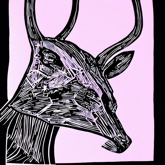 Image similar to linocut of a cybernetic deer. pink, black and white color pallette.