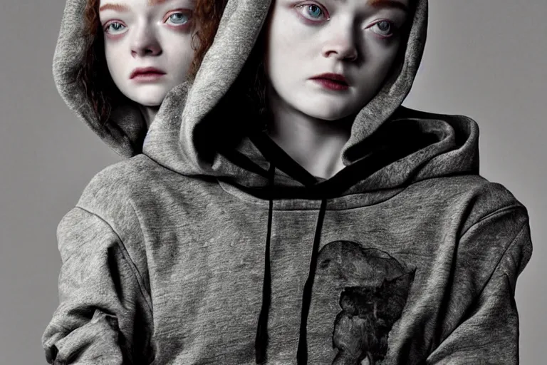 Image similar to sadie sink in a hoodie : runs fast. cyborg behind : runs fast. dirt, fantasy, soviet dystopian art by ayami kojima, vasnetsov, cedric peyravernay