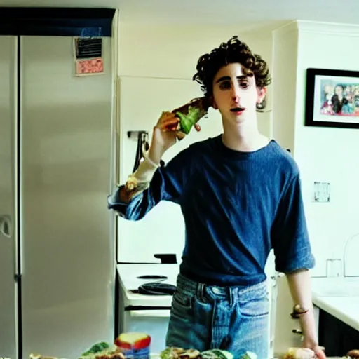 Prompt: timothee chalamet standing in my kitchen and eating a kidz bop cd, 3 5 mm photograph, cursed image, standing menacingly