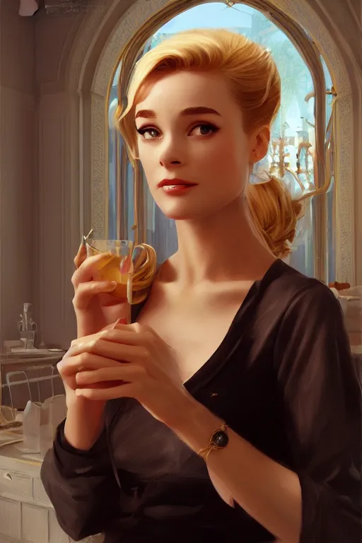 Prompt: blonde holly golightly in breakfast at tiffany's, anatomy, bathed in light, highly detailed, photorealistic, artstation, smooth, sharp focus, illustration, unreal engine 5, 8 k, art by artgerm and greg rutkowski and edgar maxence