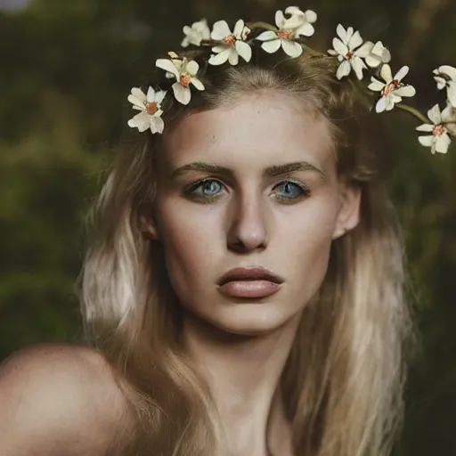 Prompt: vintage photograph of an olive skinned blonde female model in her twenties looking down, her hair pinned up with flowers, wearing a designer top, looking content, focused on her neck, photo realistic, extreme detail skin, natural beauty, no filter, slr, golden hour, 8 k, high definition, selfie