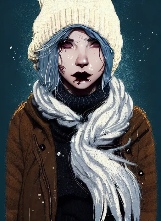 Image similar to highly detailed closeup portrait of a sewer punk lady student, beanie, harris tweed hoodie, frosty white hair by atey ghailan, by greg rutkowski, by greg tocchini, by james gilleard, by joe fenton, by kaethe butcher, gradient, blue, black, brown and cream color scheme, grunge aesthetic!!! white graffiti tag wall background