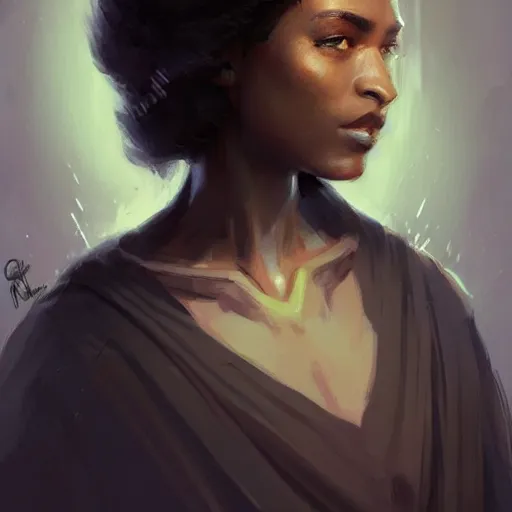 Image similar to portrait of a woman by greg rutkowski, youn jedi knight, black, afro hair, prettt, star wars expanded universe, she is about 2 0 years old, wearing jedi robes, highly detailed portrait, digital painting, artstation, concept art, smooth, sharp foccus ilustration, artstation hq