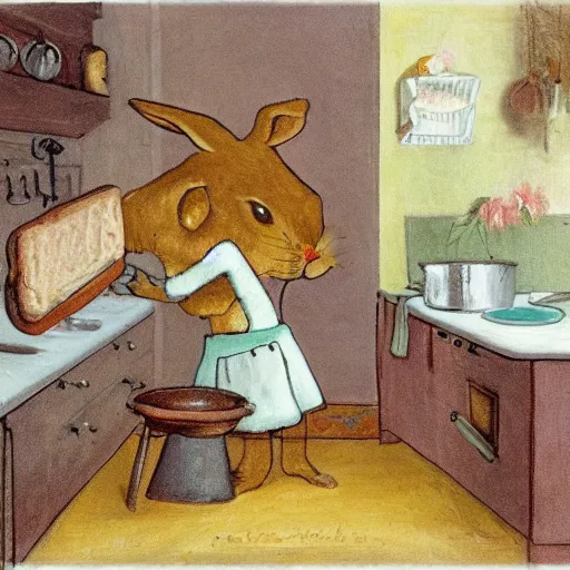 Prompt: a rabbit baking a cake inside as cozy swedish kitchen, in the style of fanny brate