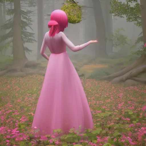 Image similar to a woman in a pink dress standing in a forest, a character portrait by ilya kuvshinov, cg society contest winner, neo - romanticism, ilya kuvshinov, daz 3 d, polycount