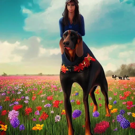Image similar to girl riding a giant doberman in a field of flowers, trending on artstation