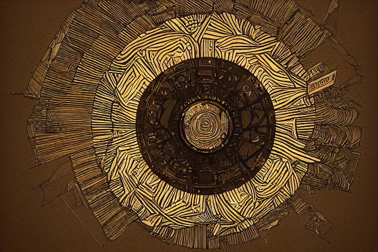 Image similar to Totem of the techno monolith of radial geometric sun above angular geological bedrock with a detailed technology embedded within it , black fine lines on damaged vintage tape , warm brown, geocore, geopunk , Pascal Blanché, trending on artstation