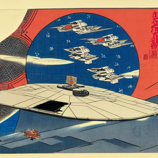 Image similar to millennium falcon attacking new york in the style of ukiyo - e