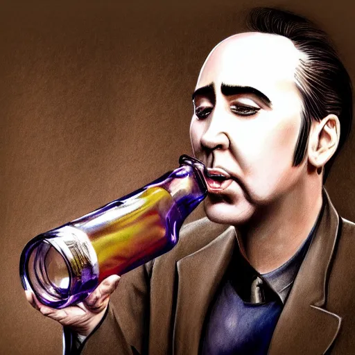 Prompt: Drinking from bottle liquid with face Nicolas Cage. Surrealism. Surreal drawing. Digital art, from artstation