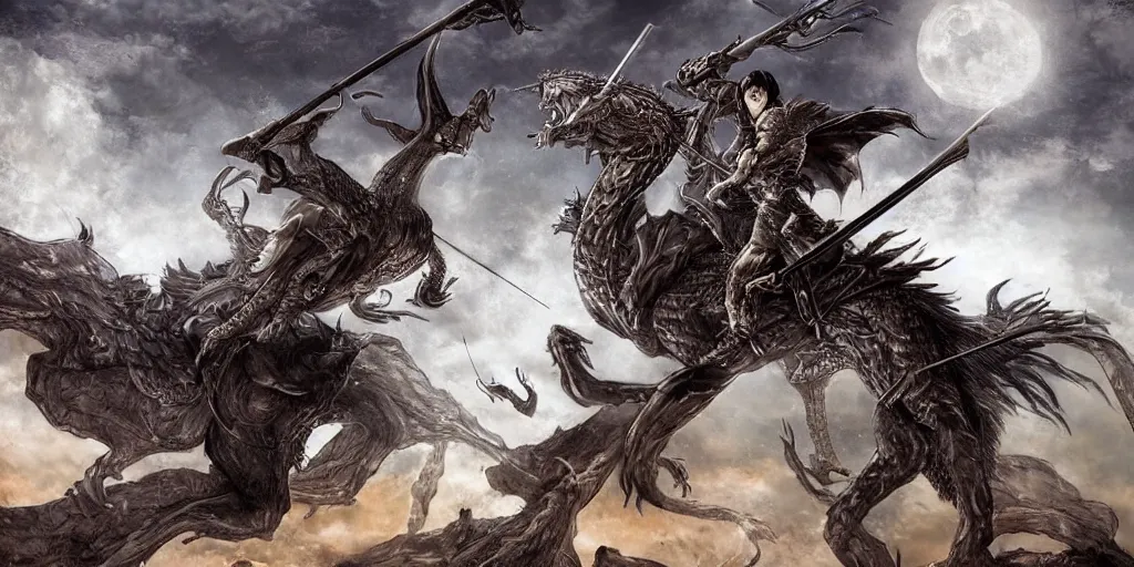 Image similar to korean archer fighting a dragon. the moon is in the sky. there is a river between the dragon and the archer. dark fantasy. high resolution. detailed. digital art. dark fantasy. kentaro miura.