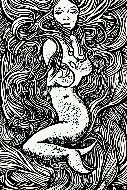 Prompt: portrait of a mermaid in kelp by MCBESS, 2 colour print