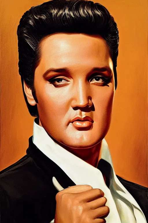 Prompt: Elvis Presley oil on canvas, golden hour, artstation, by J. C. Leyendecker and Peter Paul Rubens,