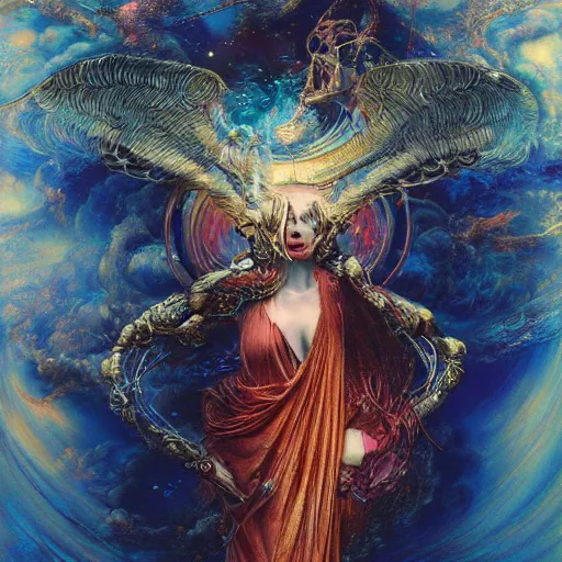 Prompt: UHD hyperrealistic photorealisitc, detailed cosmic Angelic robot, by Ayami Kojima, Amano, Karol Bak, Greg Hildebrandt, and Mark Brooks, tonalism, rich deep colors. Beksinski painting, art by Adrian Ghenie and Gerhard Richter. art by Takato Yamamoto. masterpiece