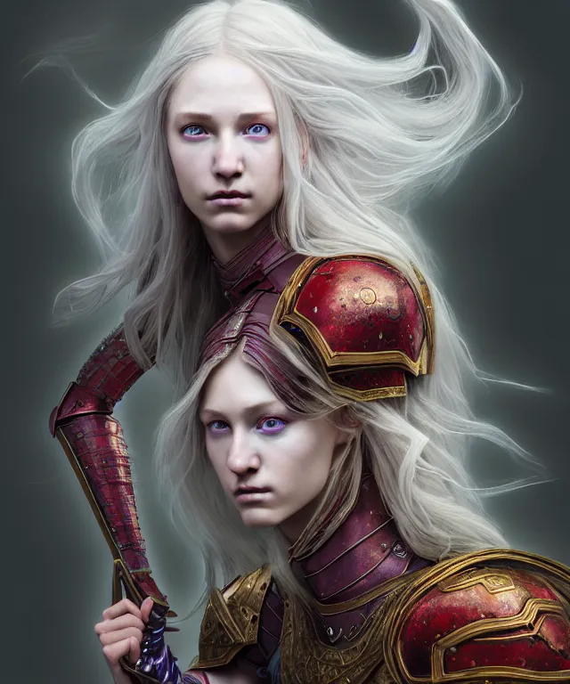 Image similar to hyperrealistic mixed media painting of a beautiful young female battlemage, stunning 3d render inspired art by P. Craig Russell and Barry Windsor-Smith + perfect facial symmetry + dim volumetric lighting, long flowing white hair, pale skin, ornate crimson gothic armor, dizzy, full body, confident heroic pose, 8k octane beautifully detailed render, post-processing, extremely hyperdetailed, intricate, epic composition, grim yet sparkling atmosphere, cinematic lighting + masterpiece, trending on artstation, very very detailed, masterpiece, stunning