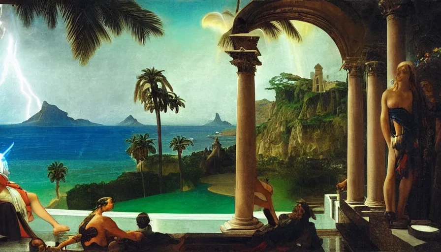 Image similar to Inside the Palace of the occult, mediterranean balustrade and columns, refracted sparkles, thunderstorm, greek pool, beach and Tropical vegetation on the background major arcana sky and occult symbols, by paul delaroche, hyperrealistic 4k uhd, award-winning, very detailed paradise