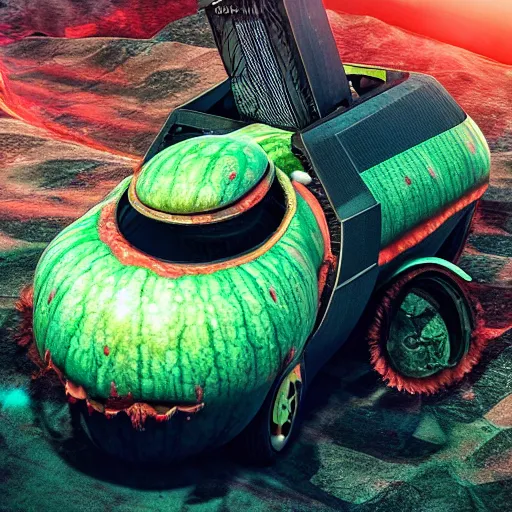 Prompt: Very very very very highly detailed sci-fi Watermelon vehicle. Photorealistic Concept 3D digital art rendered in Highly Octane Render in style of Hiromasa Ogura Gost in the shell, less Watermelon more vehicle, epic dimensional light