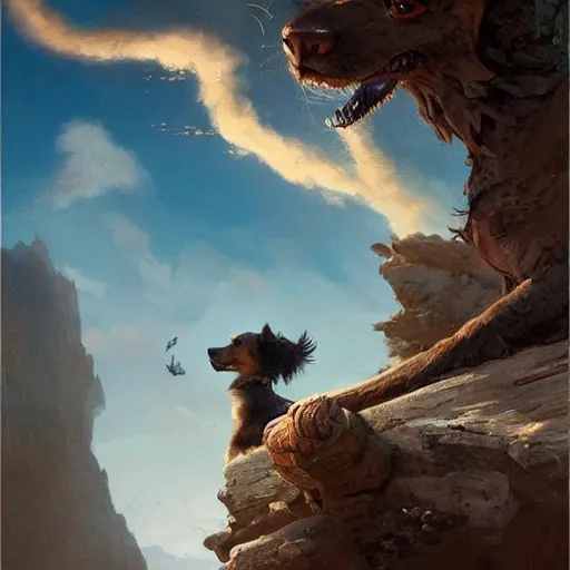 Image similar to the side view of the head of a dog, a little terrier, looking up a huge dragon flying overhead, beautiful fantasy painting by greg rutkowski