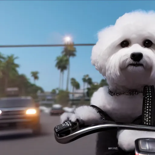 Image similar to a photorealistic image of bichon frise riding in the back on an Uber through Hollywood at sundown. This 4K HD image is Trending on Artstation, featured on Behance, well-rendered, extra crisp, features intricate detail and the style of Unreal Engine.