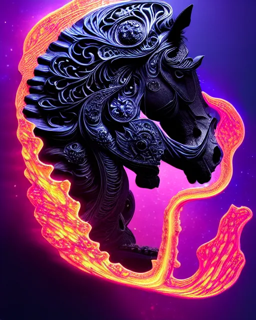 Image similar to 3 d ornate carved dark cosmic horse with profile portrait, sigma 5 0 0 mm f / 5. beautiful intricate highly detailed horse skull. bioluminescent, plasma, lava, ice, water, wind, creature, thunderstorm! artwork by tooth wu and wlop and beeple and greg rutkowski, 8 k trending on artstation