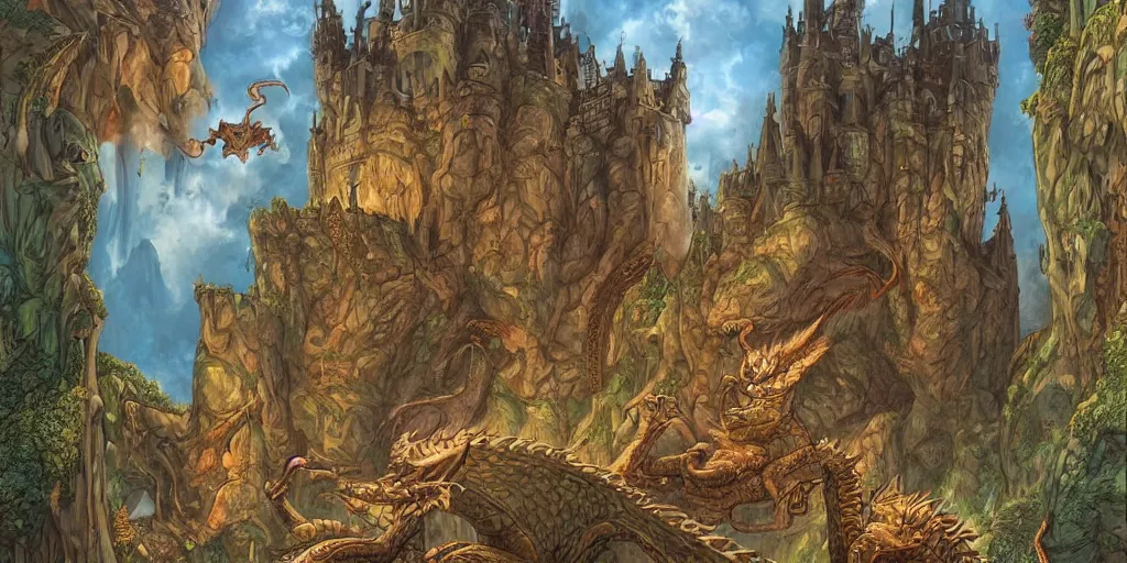 Prompt: a gorgeous fantasy digital matte painting of a dragon inside of a castle dungeon guarding a pile of treasure by Don Bluth and by Moebius