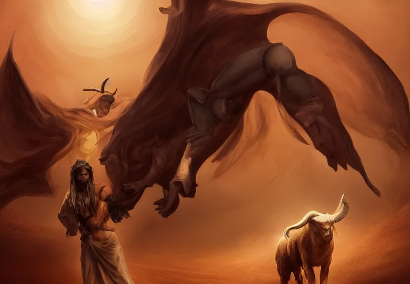 Prompt: angel vs demon, terrific jinn demon in middle of desert with hoof on his feet and goat face with long cloth afraid of beautiful powerful angel, epic angel, wporfull angel, good vs evil, atmosphere, harsh lighting, cinematic lighting,, award wining art, artstation, high details, concept art, 4 k