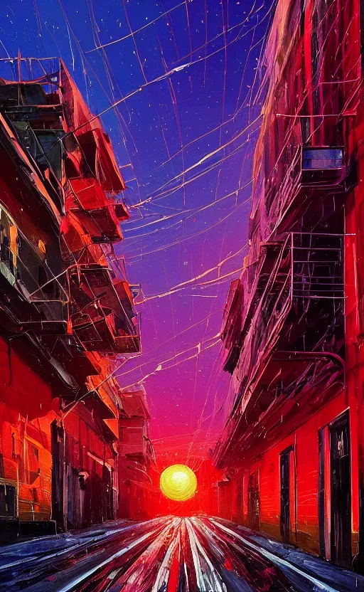 Prompt: a beautiful illustration of a street at sunset, art of alena aenami, featured on artstation, vertical orientation, paint brush strokes, expressionism, brushstroke - laden, breathtaking clouds, traffic lights, wet concrete, beauttiful stars, cables, long exposure, gigantic sun, airy theme, red purple gradient, lens flare