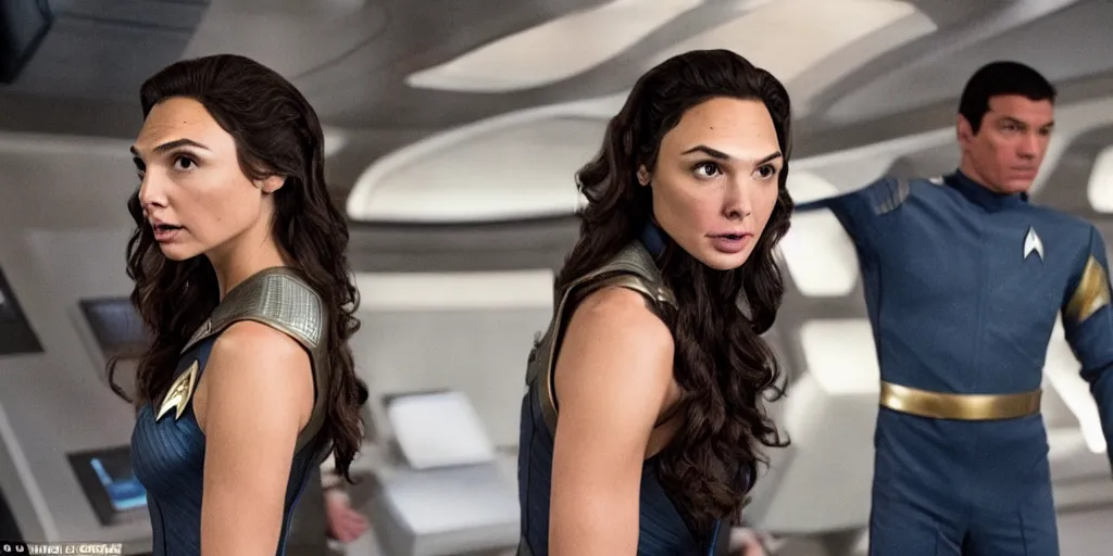 Image similar to Gal Gadot, in full starfleet uniform, is the captain of the starship Enterprise in the new Star Trek movie