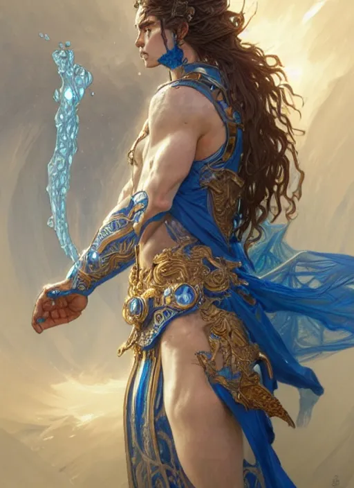 Image similar to a god of water wearing blue armor, with hands and hair turning into wearing, fantasy, intricate, elegant, highly detailed, digital painting, artstation, concept art, wallpaper, smooth, sharp focus, illustration, art by artgerm and greg rutkowski and alphonse mucha