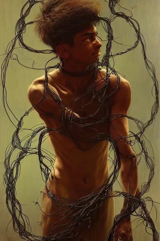 Prompt: hyperrealist portrait of indian elijah zu bailey, it is decorated with long wires that fall like vines and wears small computers over their body. by jeremy mann and alphonse mucha, fantasy art, photo realistic, dynamic lighting, artstation, poster, volumetric lighting, very detailed faces, 4 k, award winning