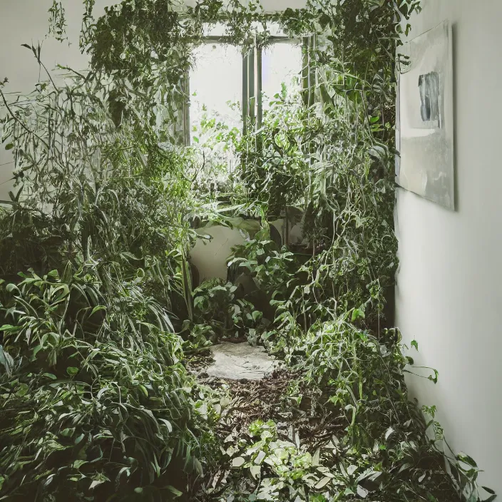 Image similar to overgrown modern home interior, color photograph, canon eos c 3 0 0, ƒ 1. 8, 3 5 mm, 8 k, medium - format print