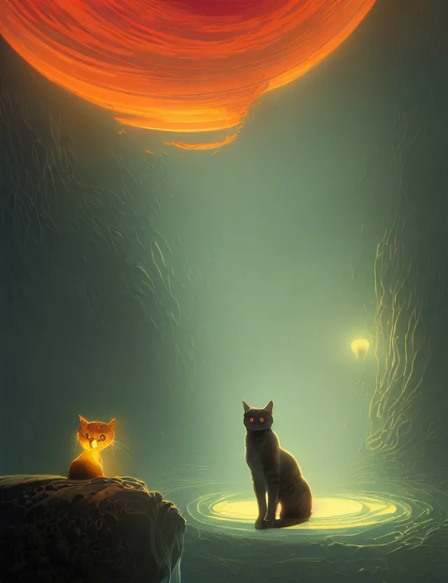 Prompt: conceptual portrait of a cat looking contemptuously at people, the lord of the rings, gloomy harbor, concept art of matte painting, art nouveau, beautiful illumination, swirling bright color lines, fantastically tasteless, aesthetic octane rendering, 8 k hd resolution, ilya kuvshinov, kushart krent and gilleard james