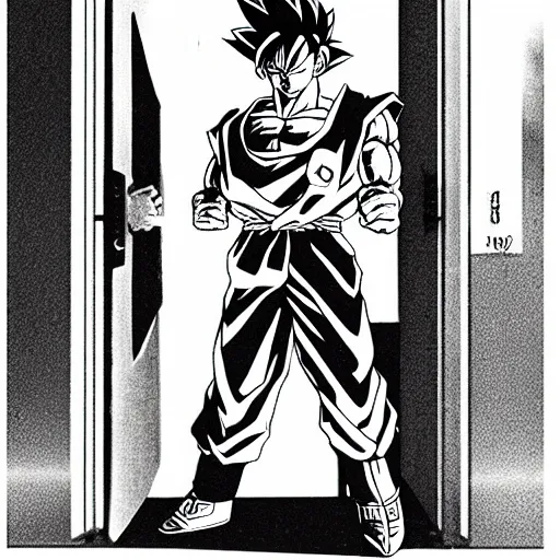 Prompt: Goku standing at the door menacingly