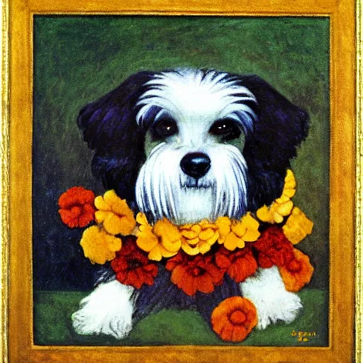 Prompt: portrait of a havanese dog with marigolds by diego rivera 1 9 3 5