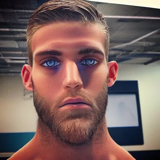 Image similar to “a realistic detailed photo of a guy who is an attractive humanoid who is half robot and half humanoid, who is a male android, baseball player Bryce Harper, shiny skin, posing like a statue, blank stare”