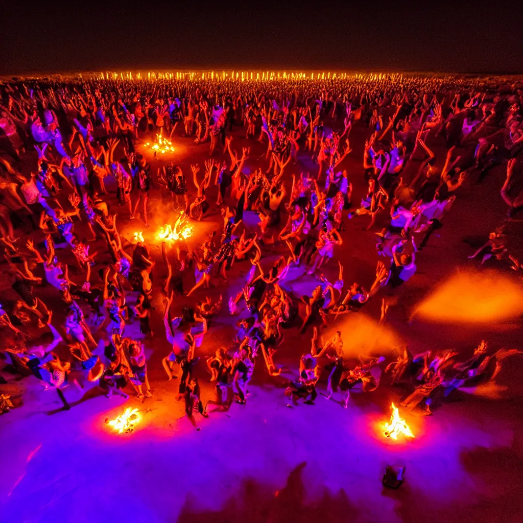 Prompt: dancefloor kismet, revellers, front left speaker, fire, night, the australian desert, zaha hadid, xf iq 4, 1 5 0 mp, 5 0 mm, f 1. 4, iso 2 0 0, 1 / 1 6 0 s, dawn, golden ratio, rule of thirds