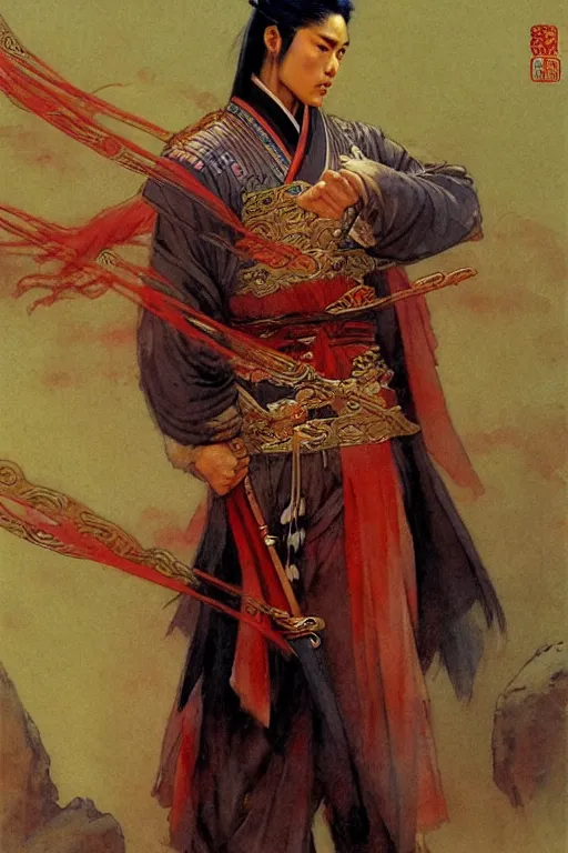 Image similar to wuxia, male, character design, ancient china, colorful, painting by gaston bussiere, craig mullins, j. c. leyendecker, tom of finland