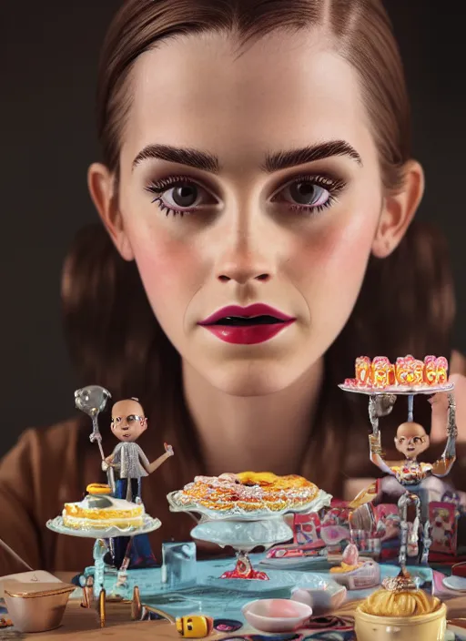 Image similar to closeup portrait of tin toy tin toy emma watson eating cakes, depth of field, zeiss lens, detailed, symmetrical, centered, fashion photoshoot, by nicoletta ceccoli, mark ryden, lostfish, earl nore, hyung tae, frank frazetta, breathtaking, 8 k resolution, extremely detailed, beautiful, establishing shot, artistic, hyperrealistic, octane render