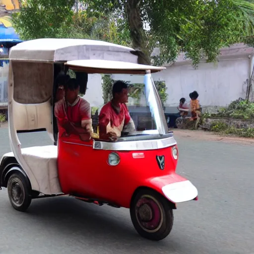 Image similar to a flying tuk tuk