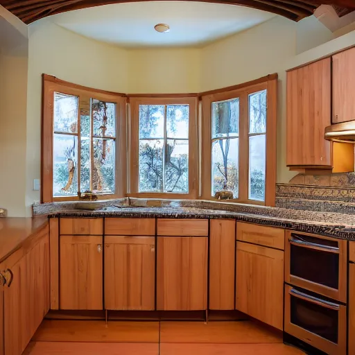 Image similar to kitchen, with cabinets in background, sunrise, large round window,
