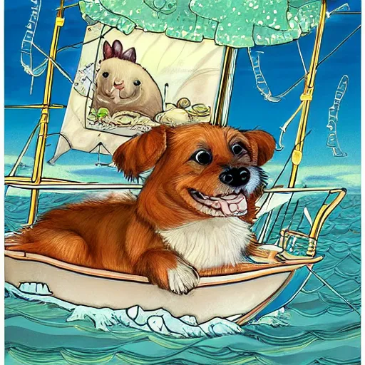 Prompt: a masterpiece detailed illustration of a very cute dog on a boat. the scene is detailed and beautiful, and combines the style of michael foreman, gyo fujikawa, and jane clarke.