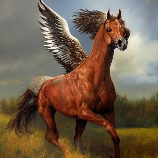 Prompt: realistic oil painting, a winged horse with an eagle head, highly detailed, trending on artstation, by james gurney and michael whelan