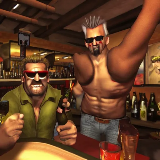 Prompt: duke nukem and serious sam video game characters drinking beer in a bar