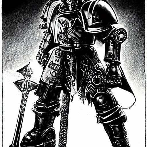 Prompt: a cyberpunk paladin from warhammer 4 0 k in very heavy silver armor wearing a crusaders helmet he is holding a large long sword in a cyberpunk setting, comic book art, cyberpunk, art by stan lee, pen drawing, inked, colorful, bright high tech lights, dark, moody, dramatic, deep shadows, marvel comics, dc comics