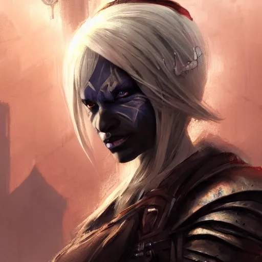 Image similar to closeup portrait of a drow warrior, dungeons and dragons character, dramatic lighting, castle background, gorgeous view, realistic, high detail, digital art, painted by greg rutkowski, painted by jeremy mann, trending on artstation